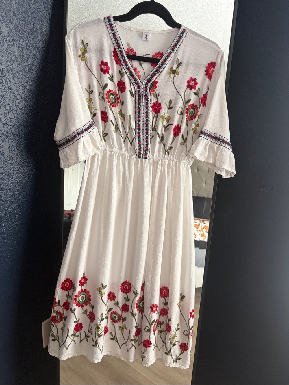 White Embroidered Midi Dress with Red & Green Floral Detail